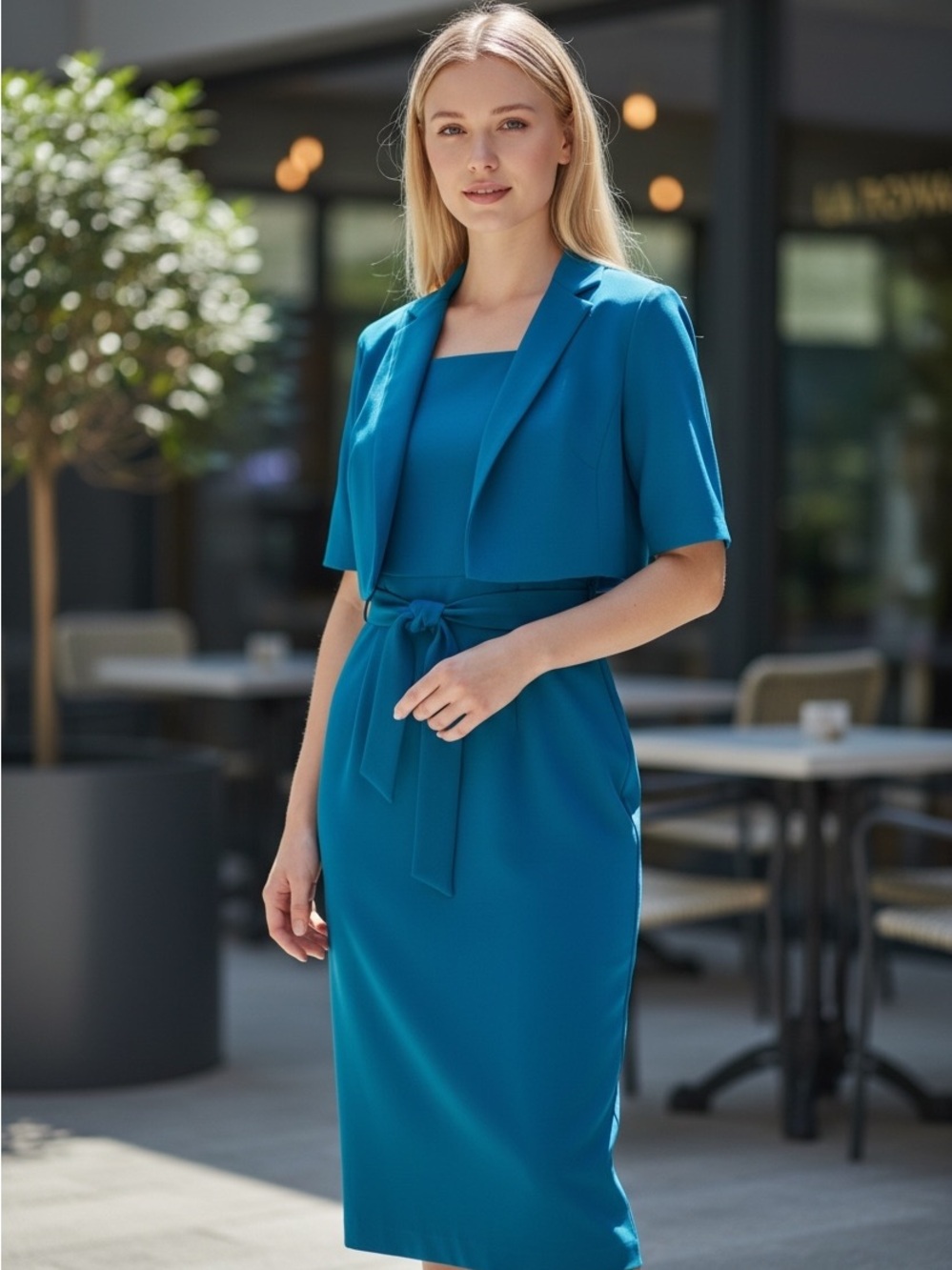 Anne Klein Teal Midi Sheath Dress with Short Jacket and Waist Tie